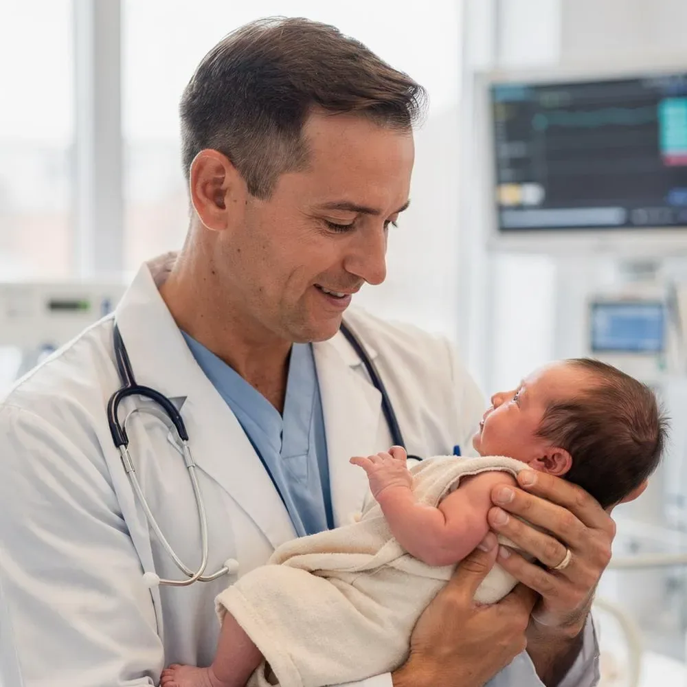 Pediatric clinician caring for a baby