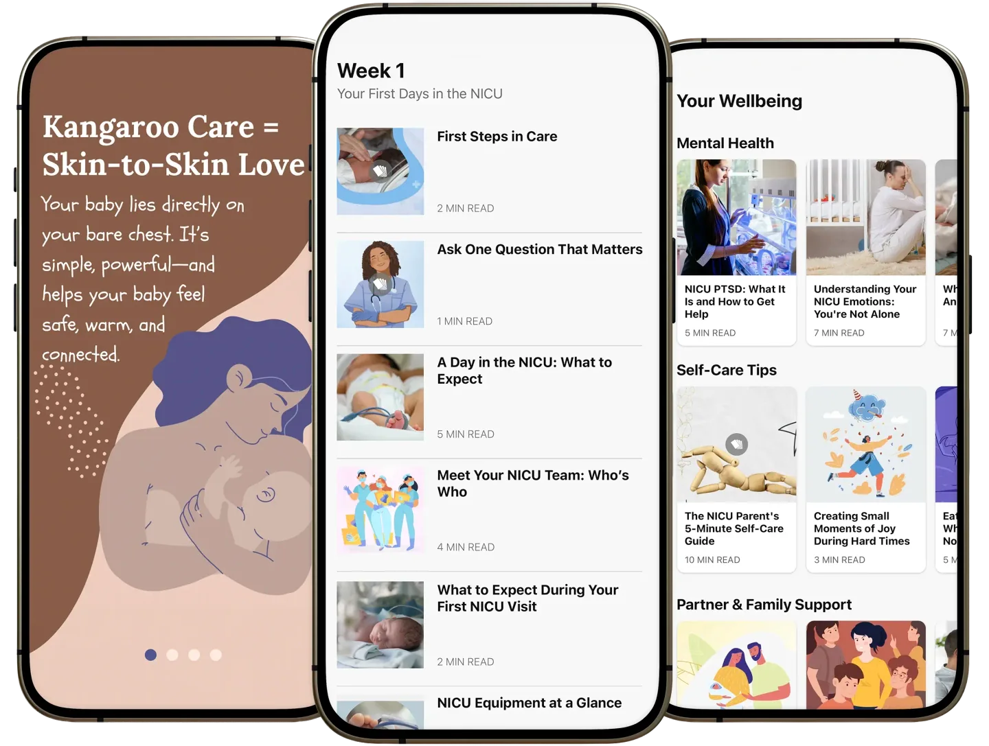 LuvviCare education screens with NICU lessons, wellbeing articles, and care-stage guidance