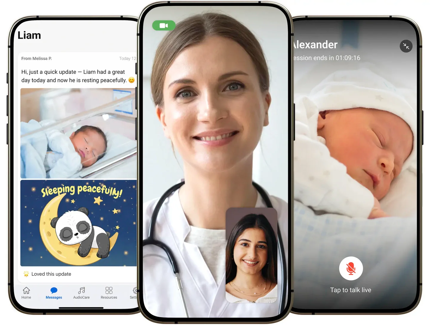 LuvviCare screens for secure updates, clinician video calls, and baby livestreams