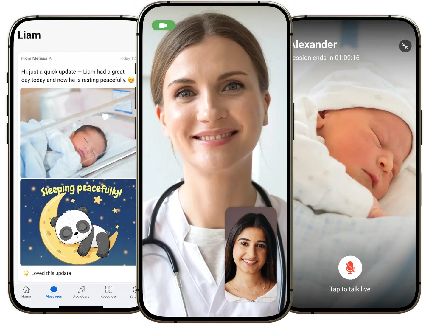LuvviCare screens for secure updates, clinician video calls, and baby livestreams