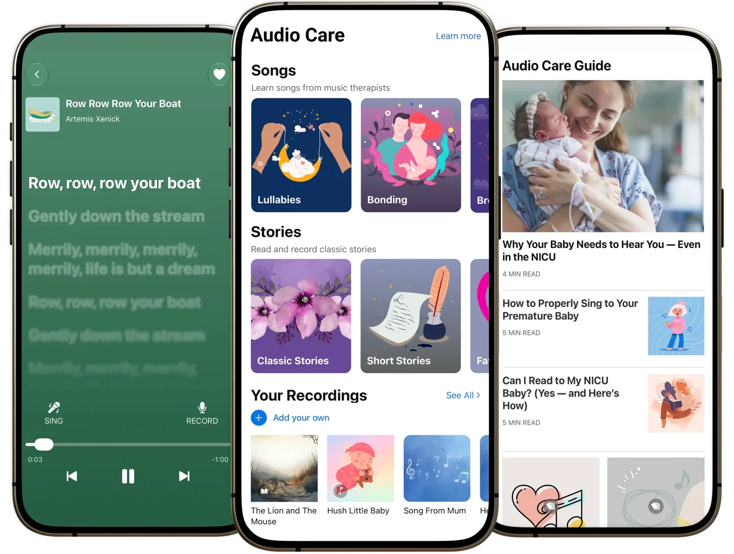 LuvviCare Audio Care screens for lullabies, stories, recordings, and bedside audio guidance