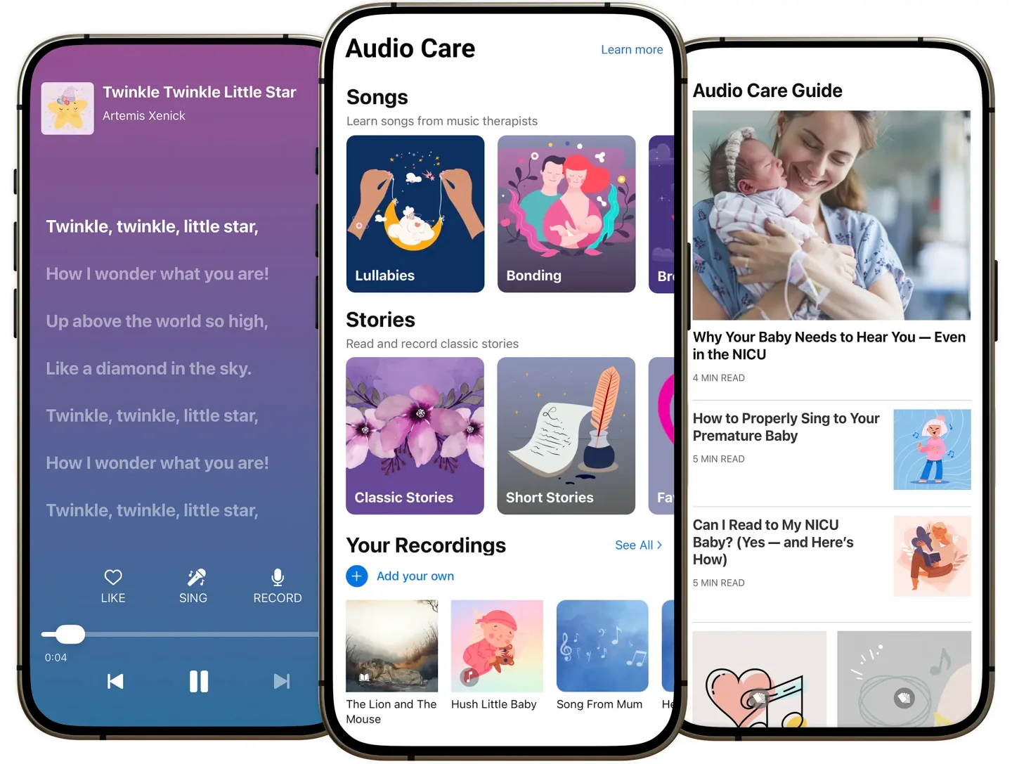LuvviCare Audio Care screens for lullabies, stories, recordings, and bedside audio guidance